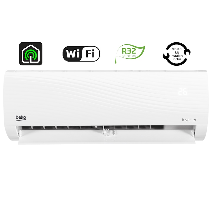 Aer conditionat Beko BRHPG125, 12000 BTU, A++ / A+, Wi-Fi, Inverter, HomeWhiz, kit instalare, alb