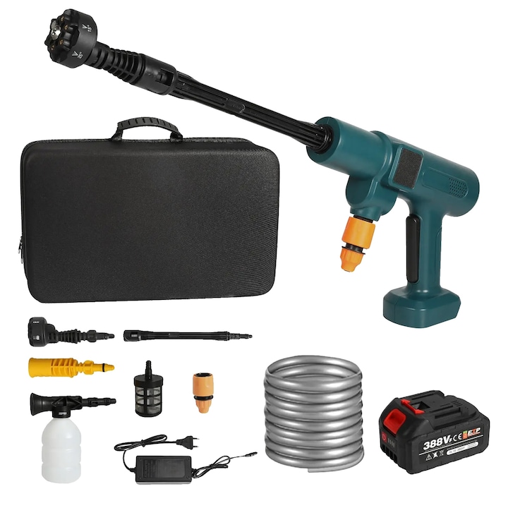Pistol de spalat auto, fara fir, presiune inalta, 1 baterie, 1 priza, 18V, 200 BAR, 5m furtun