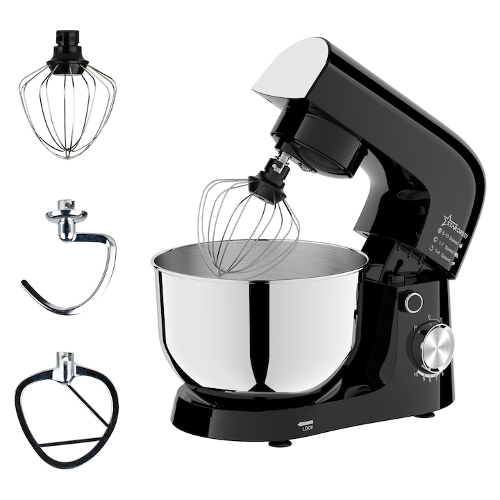 Robot de bucatarie STARCREST SKM-1015BK, 1500 W, Bol 4.5 L Inox, 5 Accesorii, 10 Viteze + Pulse, Negru