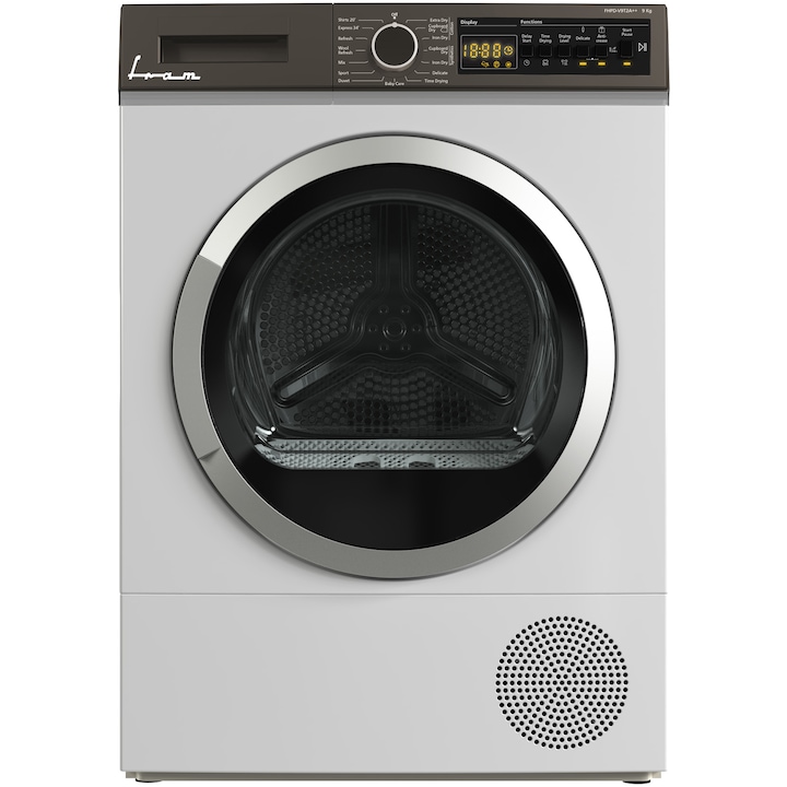 Uscator de rufe cu pompa de caldura Fram FHPD-V9T2A++, 9 kg, 15 programe, Clasa E, Display led, Program rapid camasi 20 min, Program expres 34 min, Iluminare cuva, Indicator curatare filtru scame, Blocare acces copii, Alb