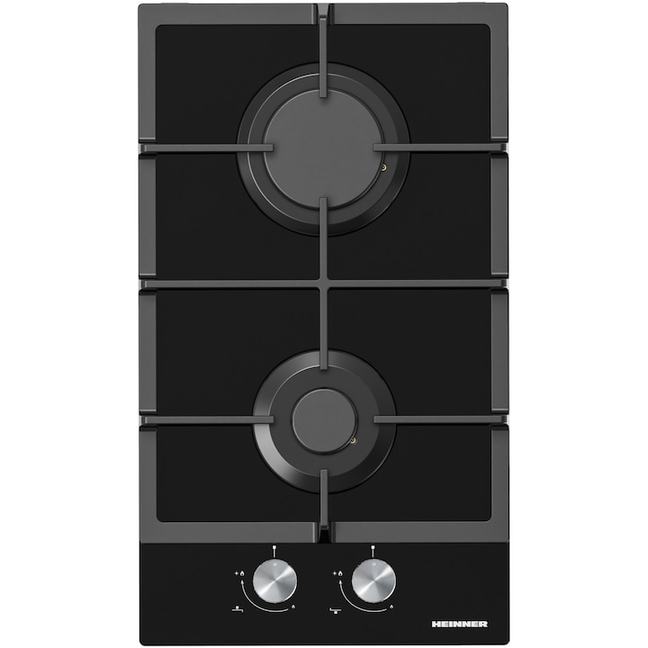 Plita incorporabila Heinner HBH-M302FGBK, Gaz, 2 arzatoare, Gratar fonta, Aprindere electrica, Dispozitiv de siguranta, 30 cm, Sticla neagra