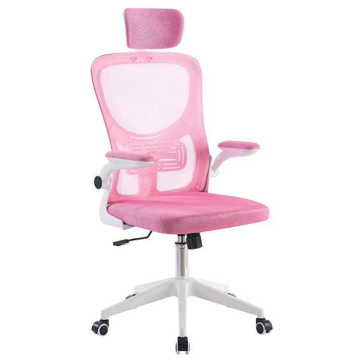 Scaun ergonomic de birou Invincio Smart Fit, pentru copii si adulti pana in 80 kg, mesh respirabil, suport lombar, tetiera ajustabila, cotiere rabatabile, reglaj inaltime si spatar inclinabil, roti si rotire 360 grade, roz