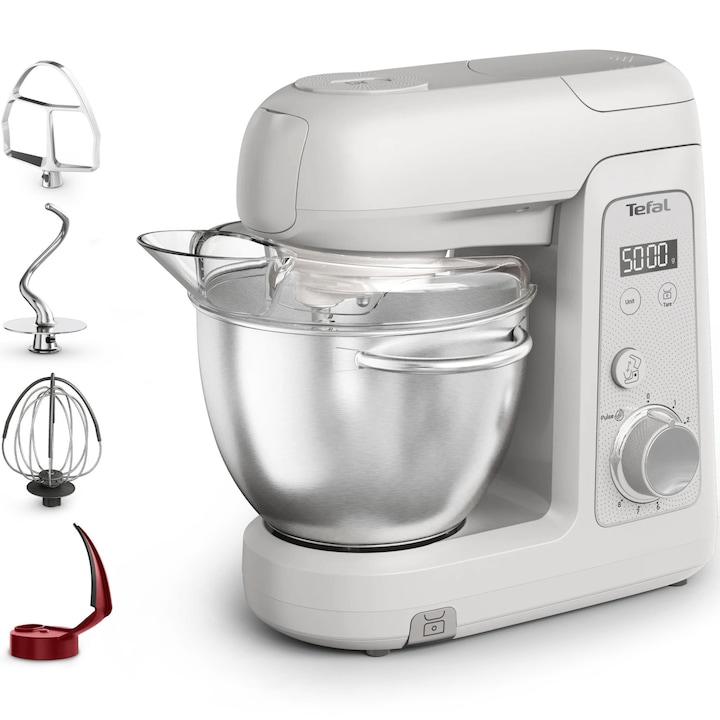 Robot de bucatarie Tefal Bake Partner+ QB540BF0, 1100 W, capacitate vas 4.6 L, 8 trepte de viteza, functie Pulse, functie Smart Bake Detect, cantar incorporat, tel, carlig pentru aluaturi grele, inox, gri