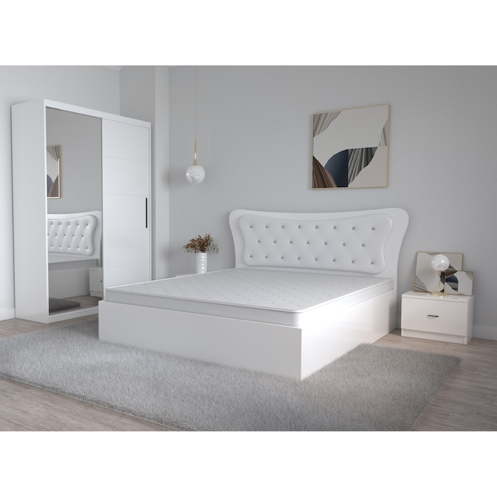 Set Dormitor Dante Alb, Pat Matrimonial 160 cm x 200 cm si Noptiere 48 cm X 32 cm X 35 cm si Dulap usi Glisante cu Oglinda 150 cm x 200 cm x 61 cm