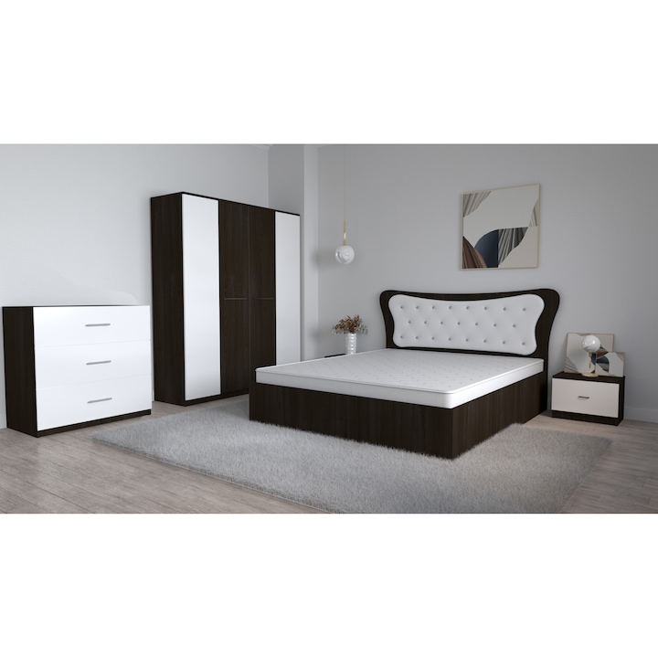 Set Dormitor Dante Magia Alb, Pat Matrimonial 160 cm x 200 cm si Noptiere 48 cm X 32 cm X 35 cm si Dulap Lorena 4 usi 183 cm x 192 cm x 50cm si Comoda TV 3 sertare 90 cm x 80 cm x 43 cm