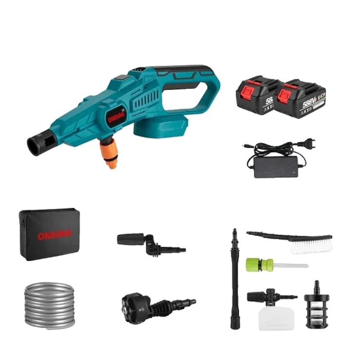 Aparat de spalat cu presiune, fara fir, 200 BAR, 3500W, 2 baterii, 18-21V, 22900mAh, 5m furtun, multicolor