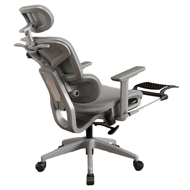 Scaun Ergonomic cu Suport Lombar – Spatar Reglabil si Reclinabil, Plasa Respirabila, Sezut Confortabil, Suport pentru Picioare, Rotativ 360°, Ideal pentru Birou, Gaming sau Studiu, Gri