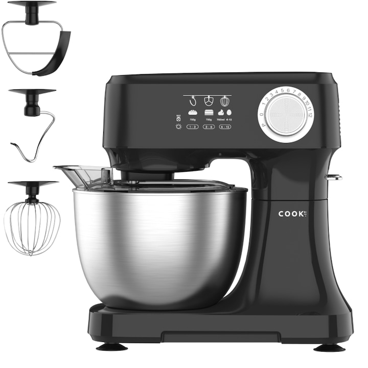 Robot de bucatarie COOK-IT, 600W, Bol Inox 3.5L, 12 Viteze + Pulse, 3 Accesorii, Angrenaje metalice Inox, Negru, Framantator, Mixer