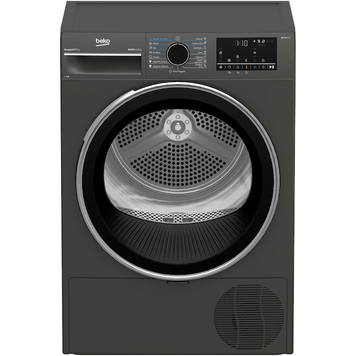 Uscator de rufe Beko B3T49233MEU Pompa de caldura, 9 kg, 15 programe, Clasa D, Iron Finish, RecycledDry, OptiSense, Aquawave, Hygienic Refresh, Antracit