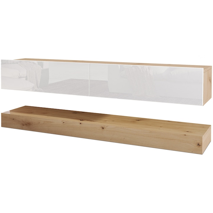 Comoda TV Irim Dafni, 138x32x41 cm, Culoare stejar artisan/ Alb lucios