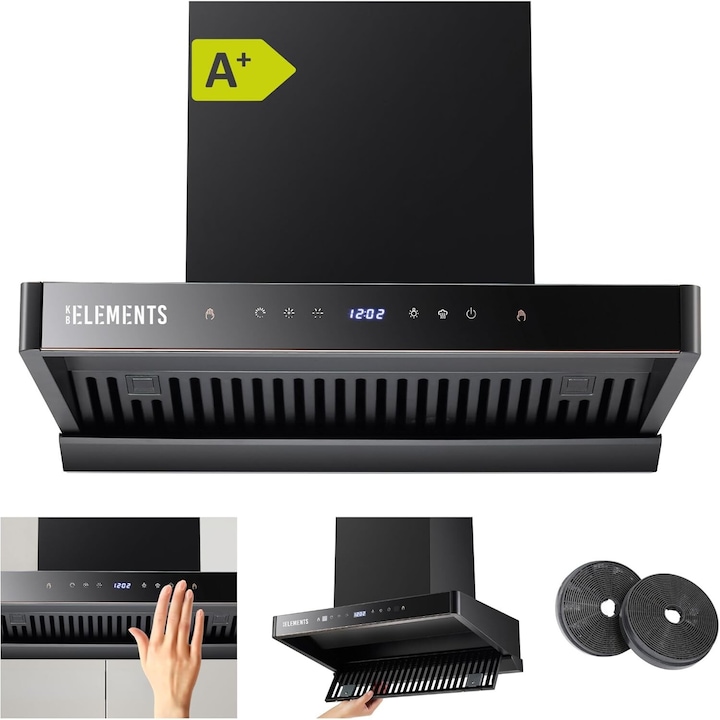 Hota de Bucatarie KB-ELEMENTS, 60cm – Putere 1350 m³/h, Motor BLDC, Auto-curatare, Control Tactil si prin Gesturi, Filtre Carbon, Clasa A+