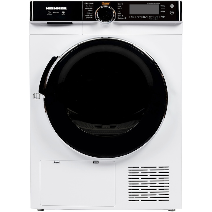 Uscator de rufe Heinner HHPD-M10K3A+++, Pompa de caldura, 10 kg, Inverter, 14 programe, Clasa C, Control touch, Functie Anti-Sifonare, Program Sterilizare, Iluminare cuva, Alb