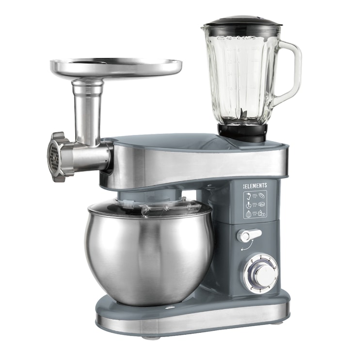 Robot de bucatarie 3-in-1 KB ELEMENTS tocator de carne, blender, 2000W, 6 viteze, Funtie Pulse, Bol inox, Capacitate totala 7.5 litri, framantare, mixare, tocare carne, preparare paste, smoothie-uri si sosuri, Gri