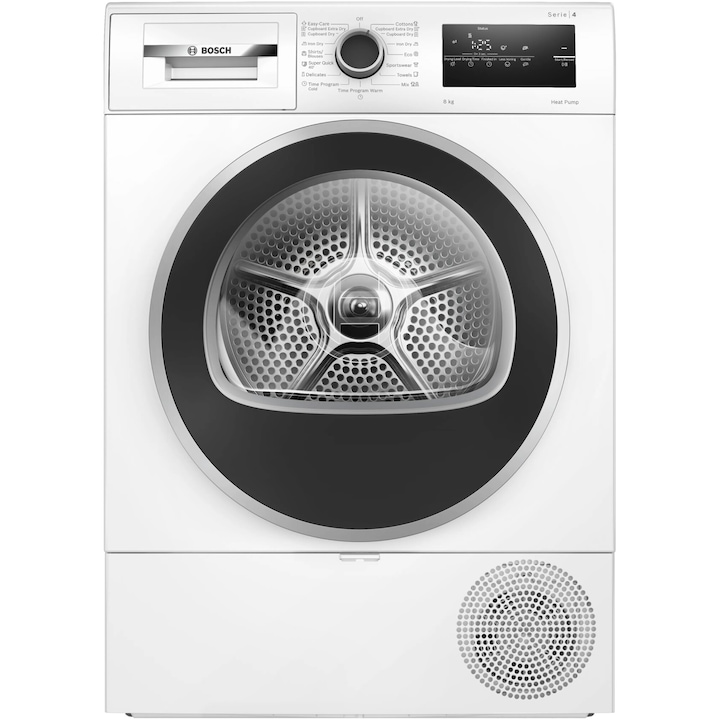 Uscator de rufe Bosch WTH8520BBY, Pompa de caldura, 8 kg, 15 programe, AutoDry Technology, AntiVibration, Filtru EasyClean, Clasa D, Alb/negru