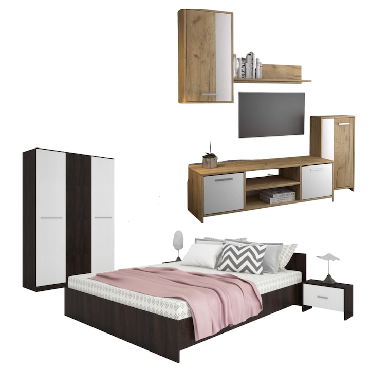 Set Dormitor Hera, cu Pat Matrimonial 160x200 cm, Dulap, 2 Noptiere, Culoare Alb / Wenge si Mobilier Living Gold inclus