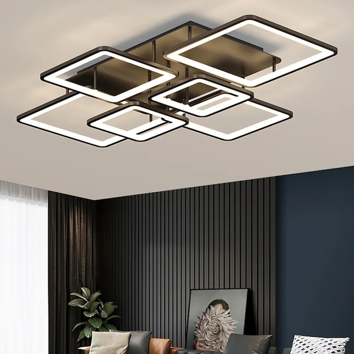 Lustra LED dimabila cu telecomanda 3 tipuri de lumina cald/neutru/rece 160W StrongLED intensitate reglabila 6 patrate, carcasa Neagra ZenLED®