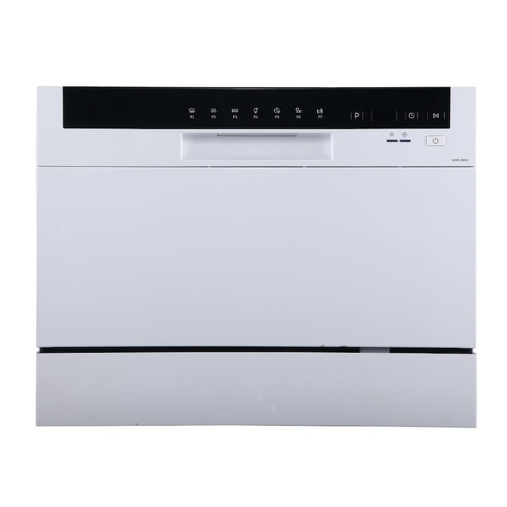 Masina de spalat vase compacta Muhler CDW655WD, 6 seturi, 7 programe, Clasa D, Control mecanic, Alb
