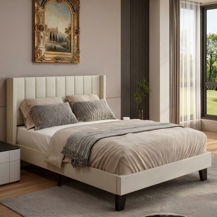 Cadru de Pat Doctor Home Cloud, 140 x 200, Tapitat, Rezistenta 400 KG - Crem