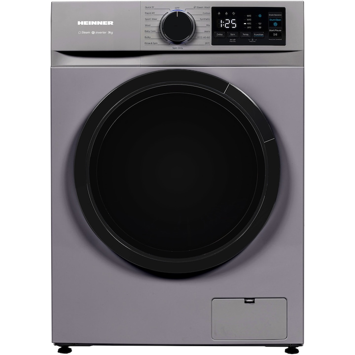 Masina de spalat rufe slim Heinner HWM-M914IVNSA+++, 9 kg, 1400 rpm, Clasa A, Motor inverter, Display digital, Blocare acces copii, Program baby care, Clatire suplimentara, Argintiu