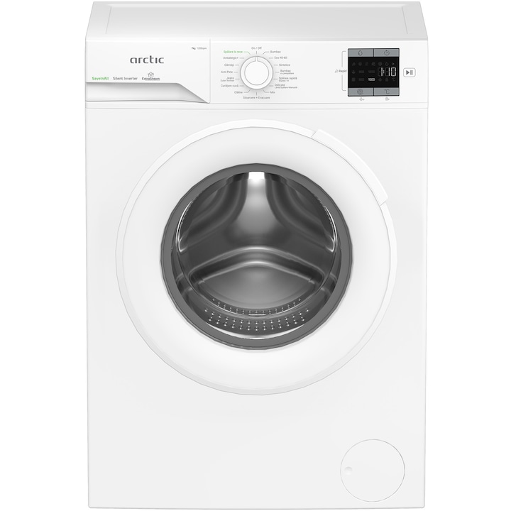 Masina de spalat rufe Arctic APLM1WFSU17210W, 7 Kg, 1200 RPM, Clasa energetica A, Motor Silent Inverter, ExtraSteam, IronExpress, Recycled Tub, Fast/Intensive, Steam, WaterMode (Water Saving - Extra Rinse), Prewash, Child Lock, Add-In, Alb