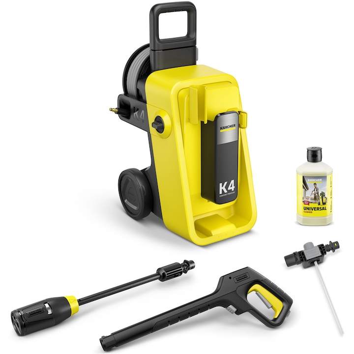 Aparat de spalat cu presiune Karcher K 4 Comfort Premium *EU, putere 1800 W, presiune maxim 130 bar, debit maxim 420 l/h, pistol de presiune ridicata, lance 4 in 1 Multi Jet, furtun presiune 8 m, adaptor racord furtun gradina 3/4, detergent 1 l