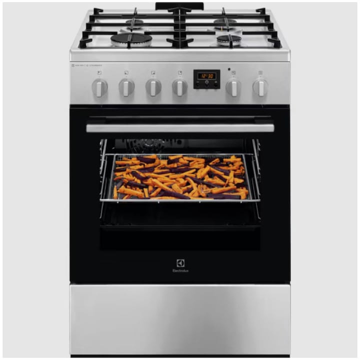 Aragaz Electrolux LKK660220X, Mixt, 4 arzatoare , Siguranta plita, Aprindere integrata, Cuptor electric, Plus Steam, AirFry, Timer, Grill electric, Clasa A, 60 cm, Inox