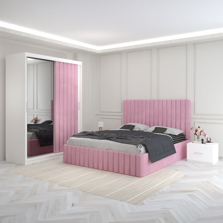 Dormitor Luca Tapitat Pat 140x200 Celamob cu Dulap Tapitat 150x200