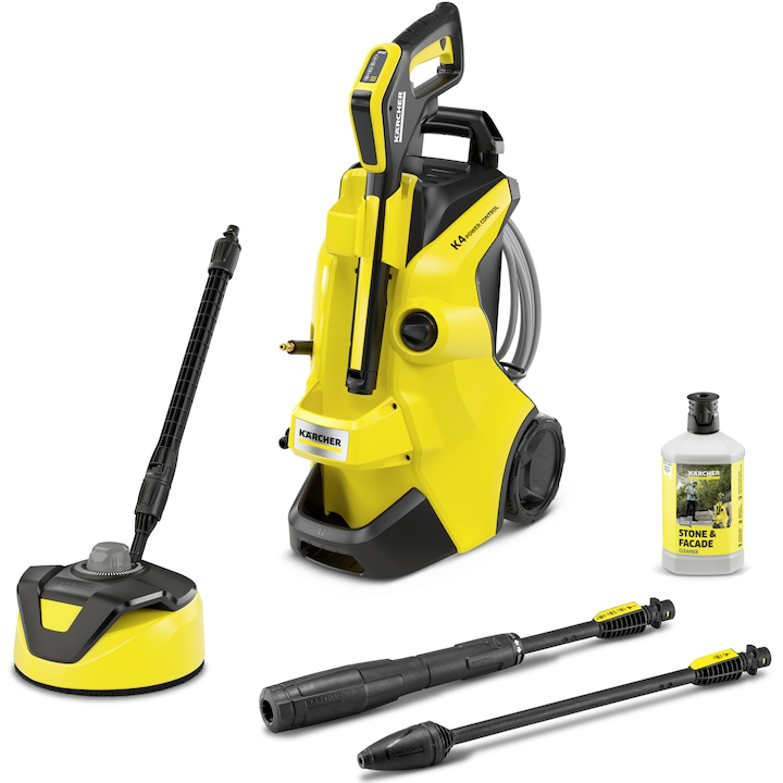 Aparat de spalat cu presiune Karcher K4 Power Control Flex Home, putere 1800 W, motor racit cu apa, 130 bar presiune maxima, 420 l/h debit maxim, furtun de presiune 8 m, perie exterior T5 , detergent 1 L, pistol inalta presiune G 160 Q Power Control