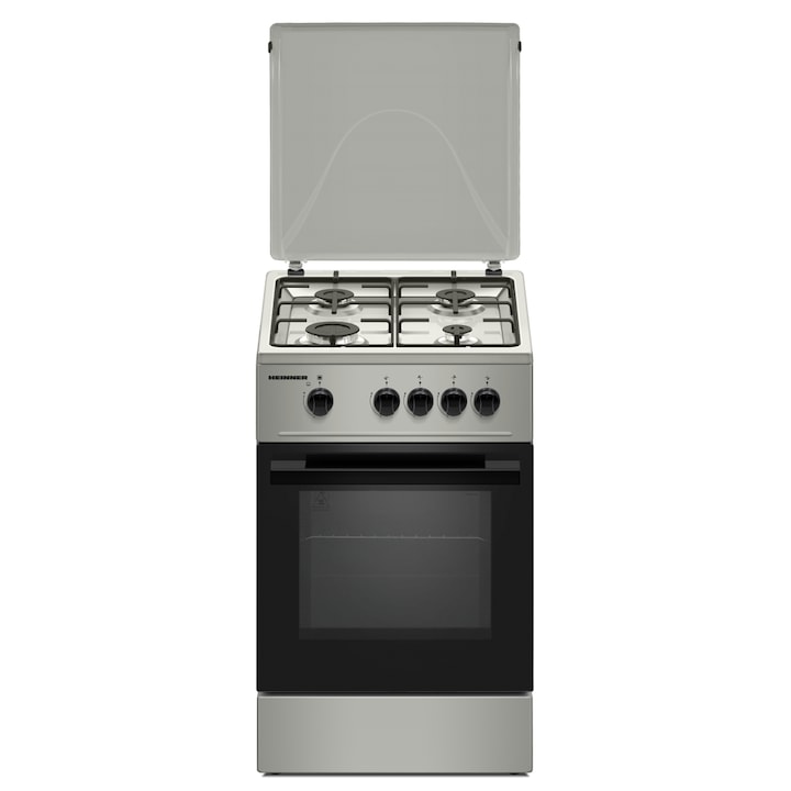 Aragaz HEINNER HFSC-K50SL, Gaz, 4 arzatoare, Duze GPL incluse, Tava si gratar cromat, 50 cm Argintiu