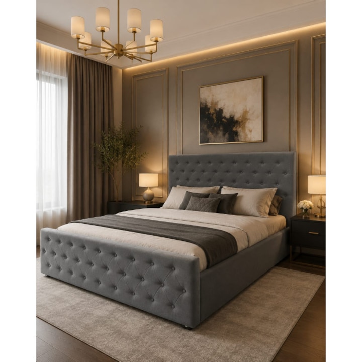 Pat Bravo 160x200 cm Lada Depozitare Tapitat Stofa Gri Somiera Inclusa COD G15 Marketmob