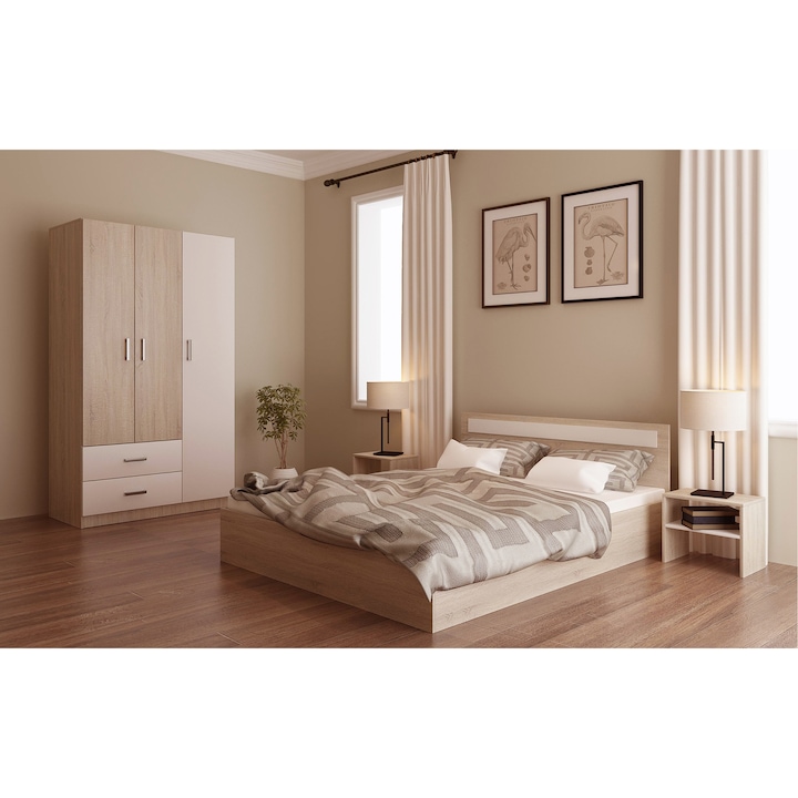 Set Mobila Dormitor Asaro Grazia , Pat 160x200 cm, Dulap, 2 Noptiere, Culoare Stejar Sonoma/Alb