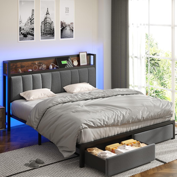 Cadru de Pat Doctor Home, 140 x 200, Stejar, Rezistenta 400 KG - Negru