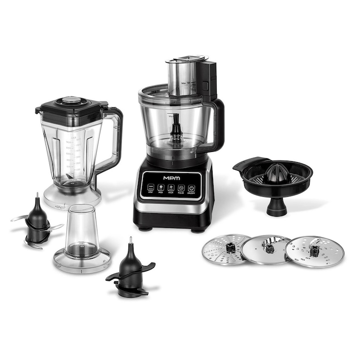 Robot de bucatarie MPM, 2000W, 2.6L, negru-argintiu, cu blender si rasnita