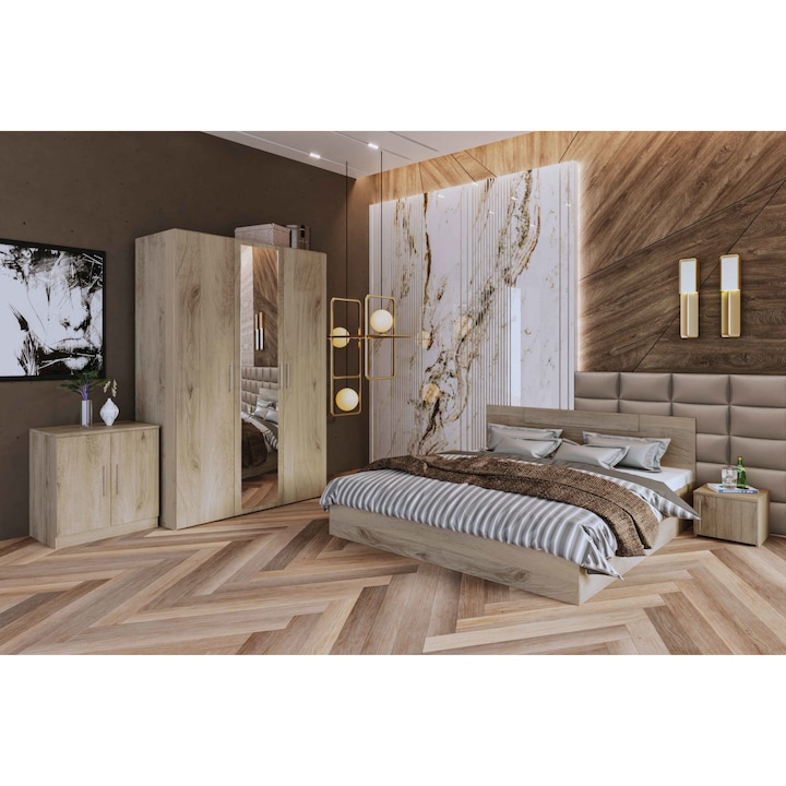 Set Mobila Dormitor Irim Treff II , Pat 160x200 cm, Dulap 3usi, 2 Noptiere, Comoda, Culoare Sonoma Arwen