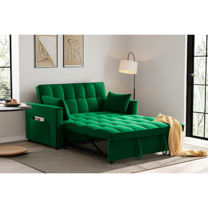 Canapea Extensibila 2 Locuri 140X77X85 cm Tapitat Catifea Verde Model One Marketmob