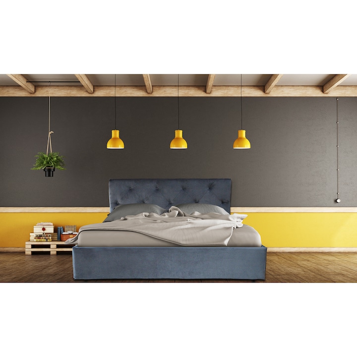 Pat Tapitat KringX King 140x200 cm, contine somiera, lada depozitare, stofa antracit
