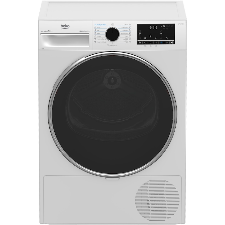 Uscator de rufe Beko B5T49243WEU, Pompa de caldura, 9 kg, 15 programe, Clasa B, Iron Finish, RecycledDry, OptiSense, Aquawave, Hygienic Refresh, Alb