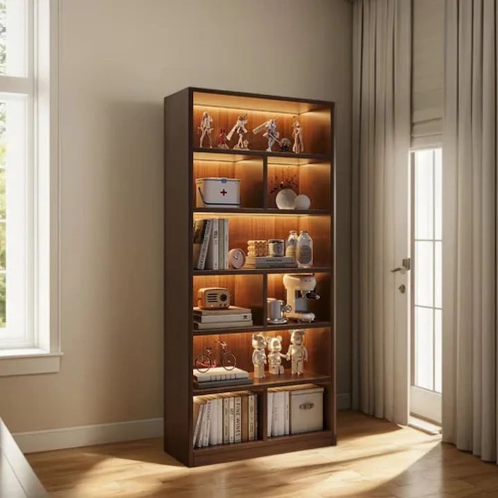 Biblioteca cu 6 Rafturi Deschise VIVENDO, 180x60x24 cm, Cadru Lemn, PAL Melaminat, Stejar Negru, Etajera Verticala pentru Carti, Living, Birou, Dormitor, Montaj Rapid