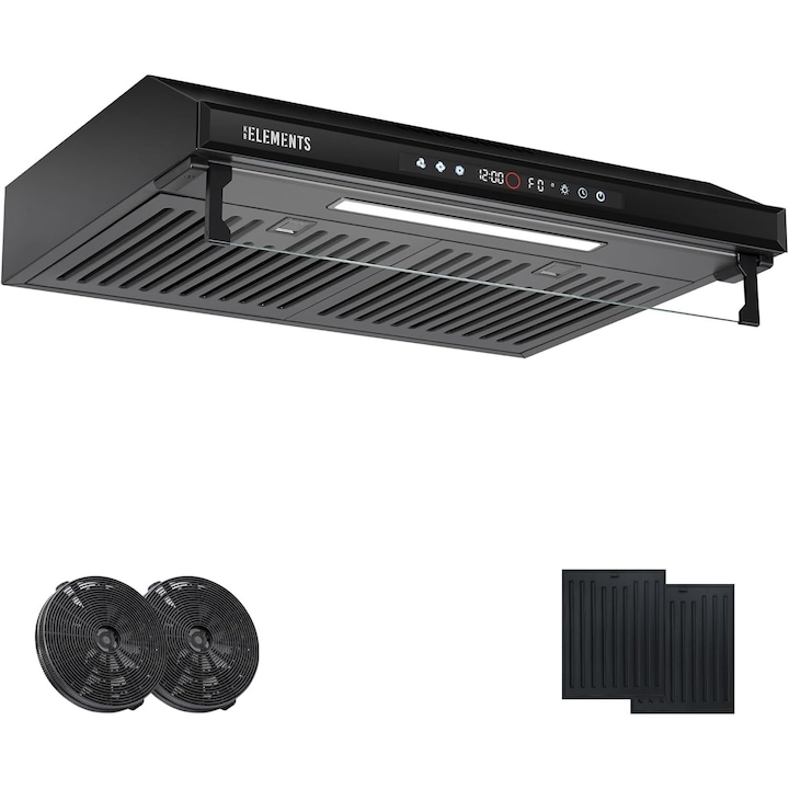 Hota de Bucatarie KB ELEMENTS 60 cm - Putere 650 m³/h, Motor Dublu, Control Touch si Gesturi, Recirculare, Iluminare LED, Clasa A, Design Sticla Neagra