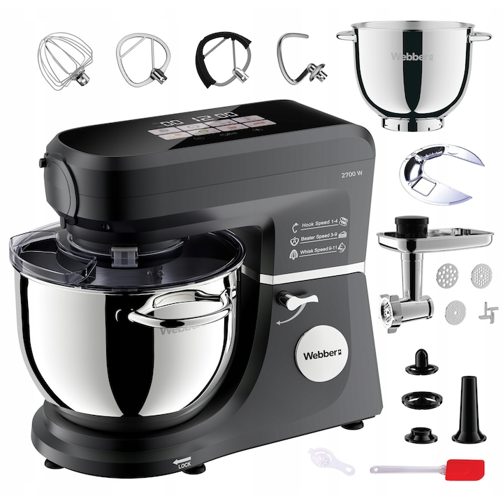 Robot de bucatarie planetar Webber SM17, 2700W, bol 7L, functie de incalzire, 4 accesorii, negru/sticla