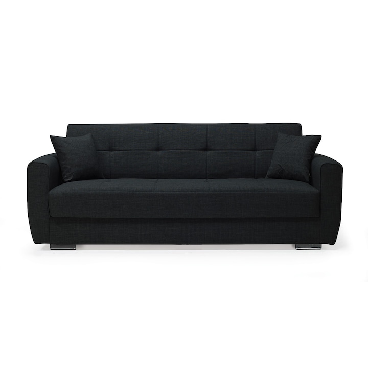 Canapea SIDEF Black, 3 locuri, extensibila, cu stofa, lada depozitare si 2 perne décor incluse - SDF25