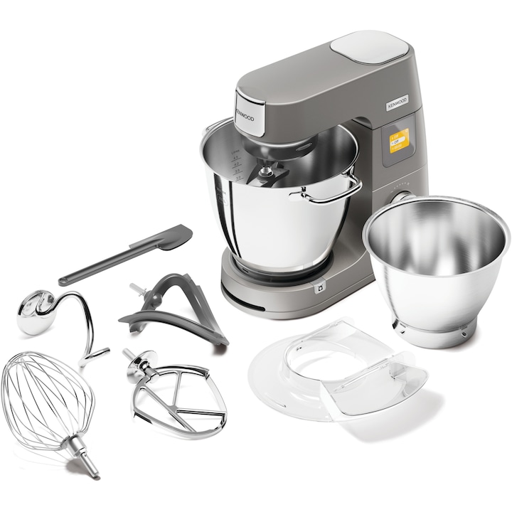 Robot de bucatarie KENWOOD KWL90.004SI Titanium Chef Patissier XL, 1400 W, 6 functii presetate, 2 vase 7 l/ 5 l, 13 trepte viteza, cantar integrat, sistem de incalzire, 4 accesorii, argintiu