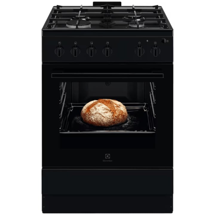 Aragaz Electrolux LKG604013K, Gaz, 4 arzatoare, Aprindere integrata plita si cuptor, Siguranta plita si cuptor, Autocuratare catalitica, Grill electric, Rotisor, Clasa A, 60 cm, Negru