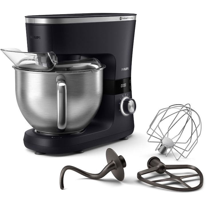 Robot de bucatarie Philips HR7962/01, seria 7000, 1000 W, 8 setari de viteza,Tehnologie ProKnead, Sistem de amestecare perfecta, Carlige pentru aluat, paleta si tel, Castron de 5.5 l, Capac antistropire, Cronometru inteligent cu LED