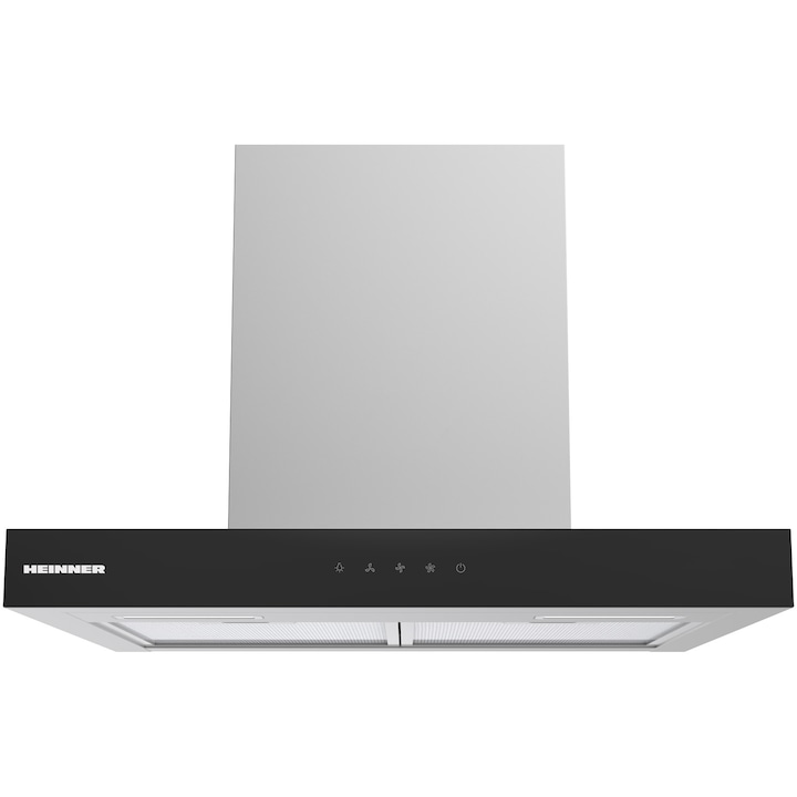 Hota decorativa Heinner HDCH-MD60TIX, 60cm, design "t-shape", 800 m³/h, 4 trepte de viteza, motor: 1 x 250w, lumina led: 2 x 1.5w, 2 filtre aluminiu, control touch, senzor miscare, diametru tub evacuare: 150mm, inox+sticla neagra