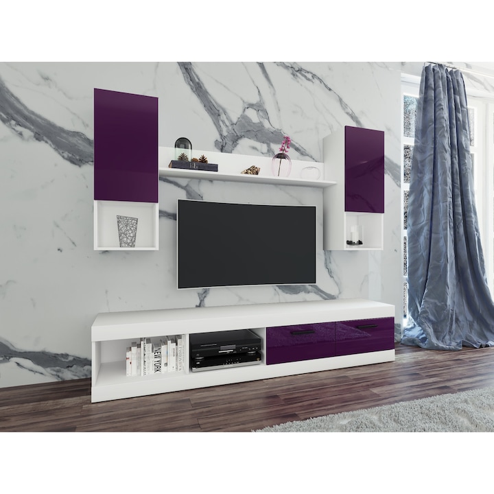 Living/Biblioteca Irim Pascale, 200x38.5x171 cm, Mov cu Alb, front MDF