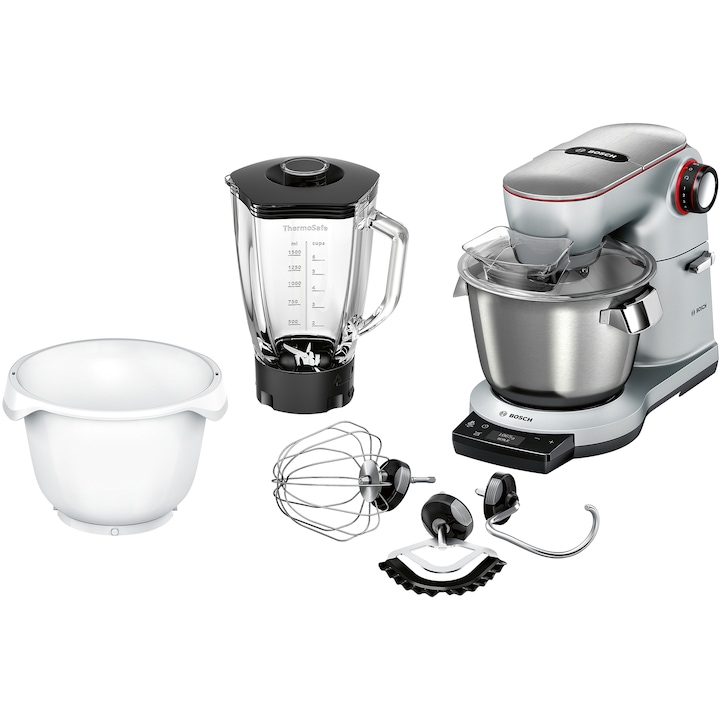 Robot de bucatarie Bosch MUM9BX5S22,1500W, 7 trepte de viteza, 3D PlanetaryMixing, Senzor Smart Dough, Cantar integrat, Temporizator integrat, 5,5 l capacitate bol, carcasa metalica, Inox