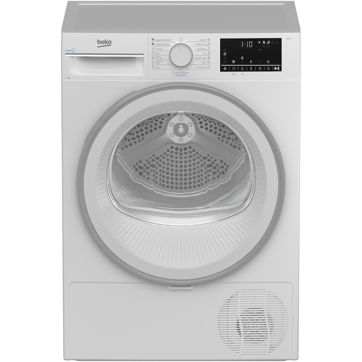 Uscator de rufe Beko B3T42242, Pompa de caldura, 8 kg, 15 programe, Clasa C, RecycledDry, Motor ProSmart™ Inverter, OptiSense, Aquawave®, Alb
