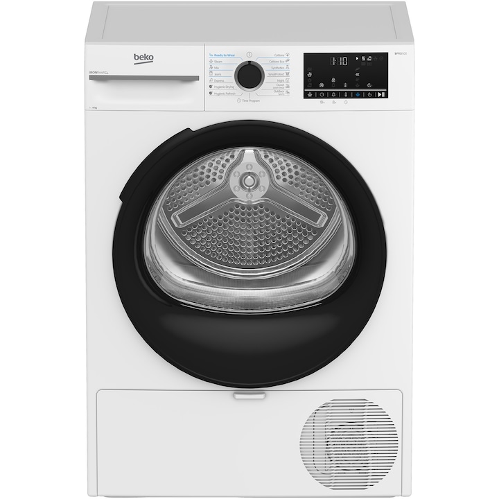 Uscator de rufe Beko BM3T41233WBEU, Pompa de caldura, 11 kg, 15 programe, Clasa D, Iron finish, Motor ProSmart Inverter,, Aquawave, Hygienic Drying, Alb