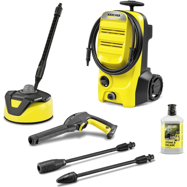Aparat de spalat cu presiune Karcher K 4 Classic Home EU, 1800 W,motor universal, 130 bar, 420 l/h debit maxim, furtun presiune 6 m, pistol G 120 Q,contine Home Kit: T 5 de curatat suprafete, detergent piatra si fatade 3 in 1, 1 l,